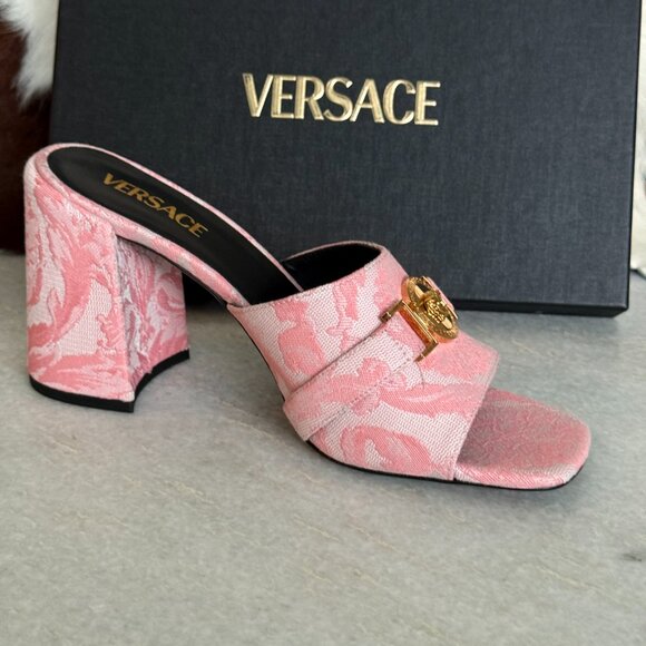 VERSACE 1014747 Women's Medusa Mule Jacquard Pink Fabric Sandals heels - Picture 11 of 12